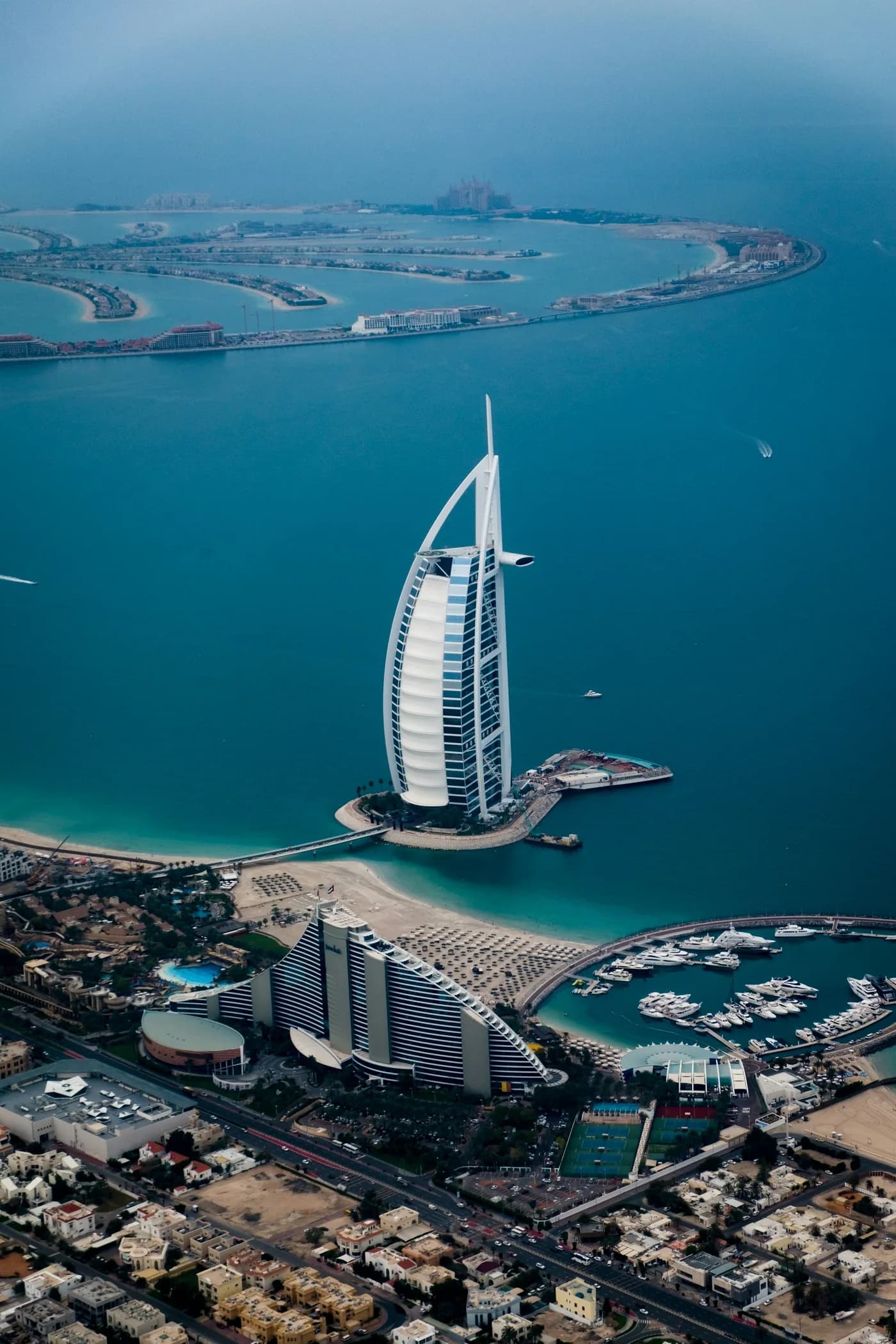 Aerial view of the Dubai coastline with the Burj Al Arab and Palm Jumeirah