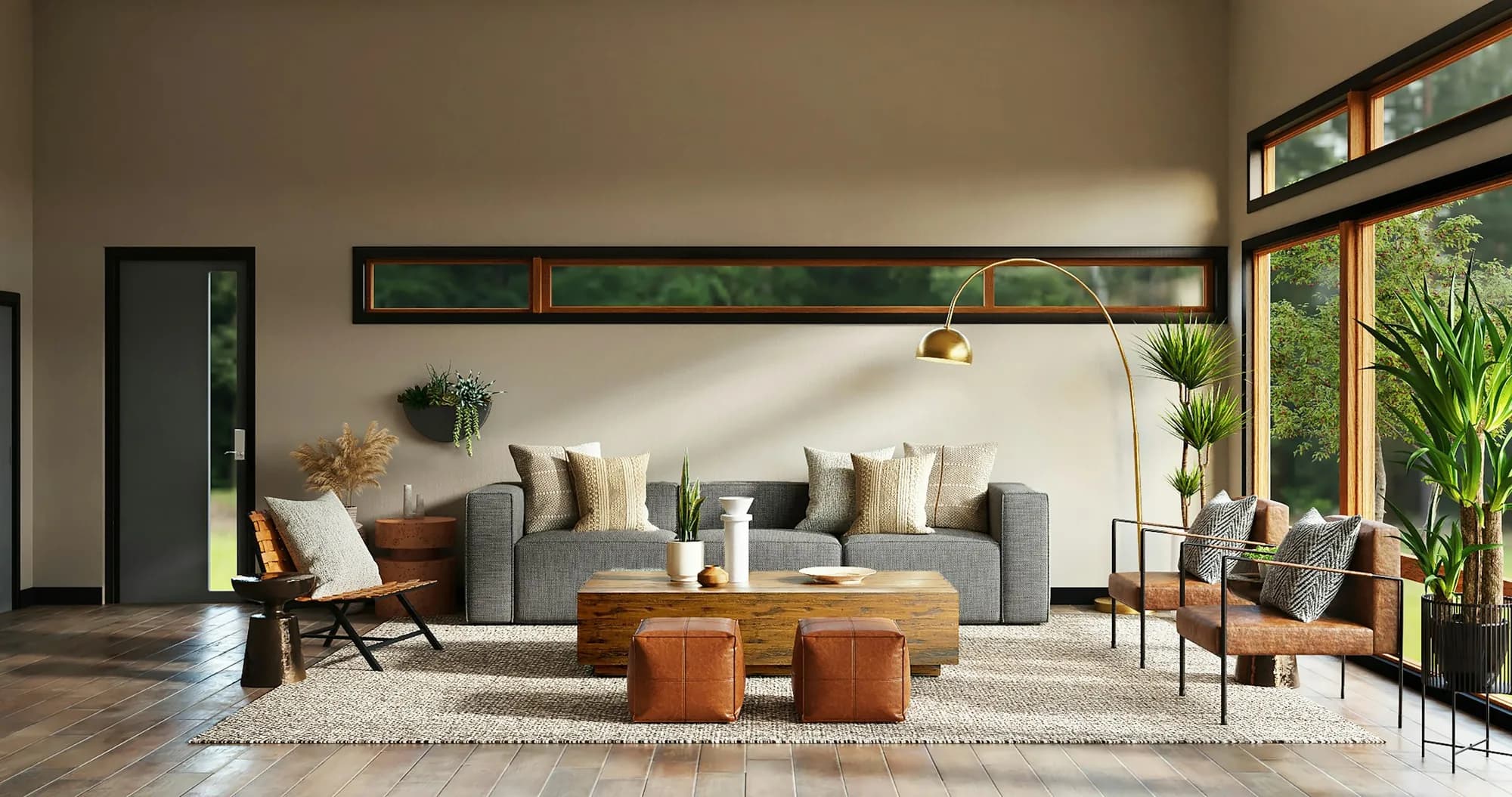Modern living room interior with timber floors and garden views