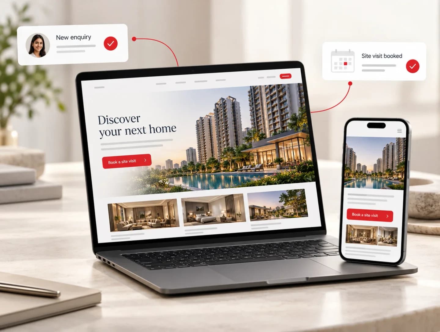 Real estate website on a laptop and phone with a new enquiry and a booked site visit