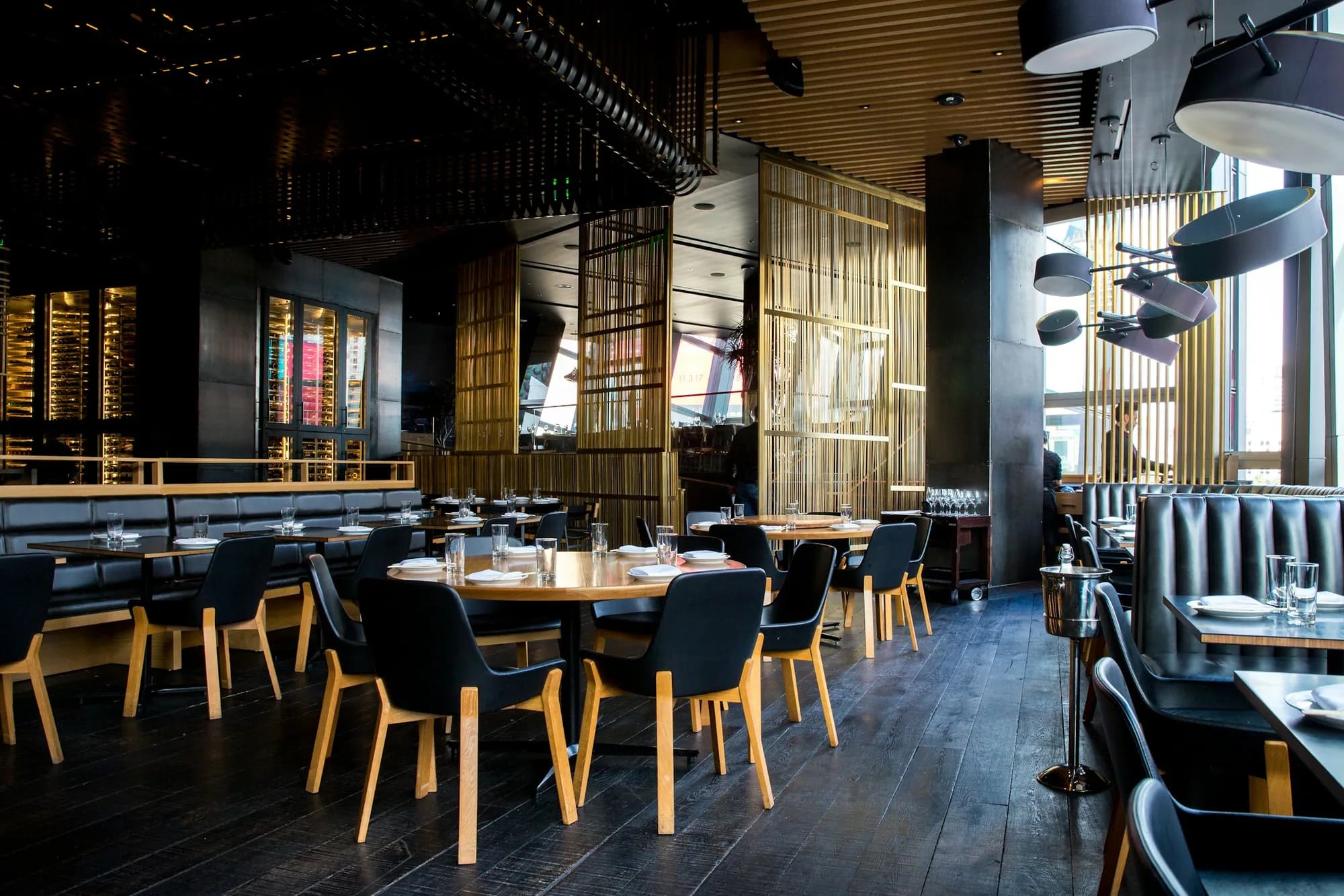 Softly lit contemporary restaurant dining room